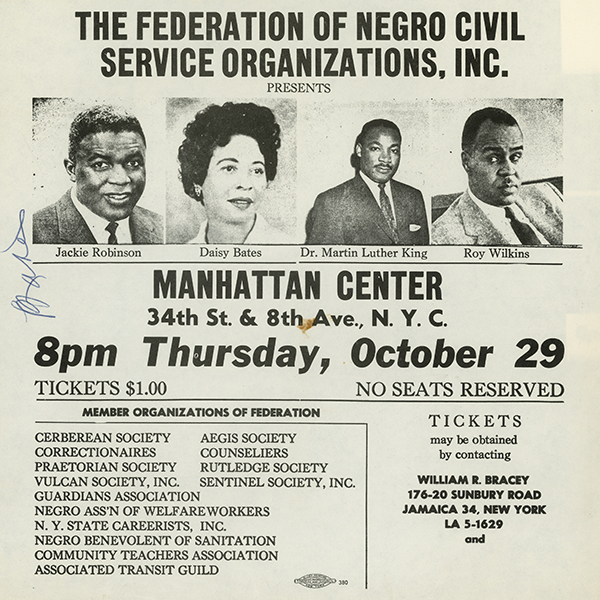 Flyer for a rally 'The Right To Vote' 'The Fight To Vote' sponsored by the Federation of Negro Civil Service Organizations, Inc. Speakers include Jackie Robinson, Daisy Bates, Martin Luther King, Jr., and Roy Wilkins.